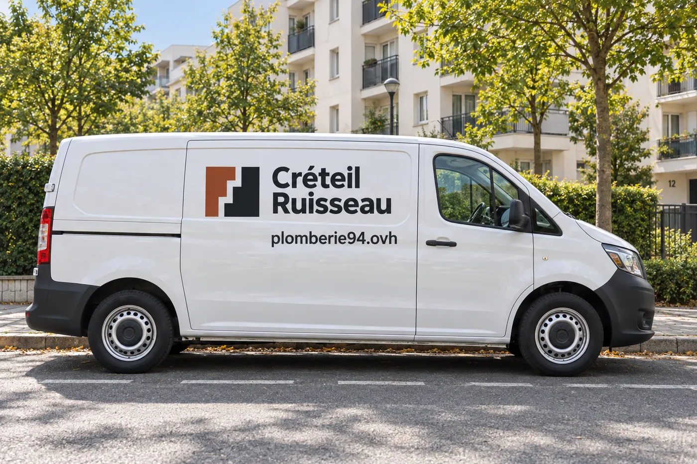 Fourgon blanc Créteil Ruisseau siglé plomberie94.ovh garé dans une rue résidentielle de Créteil