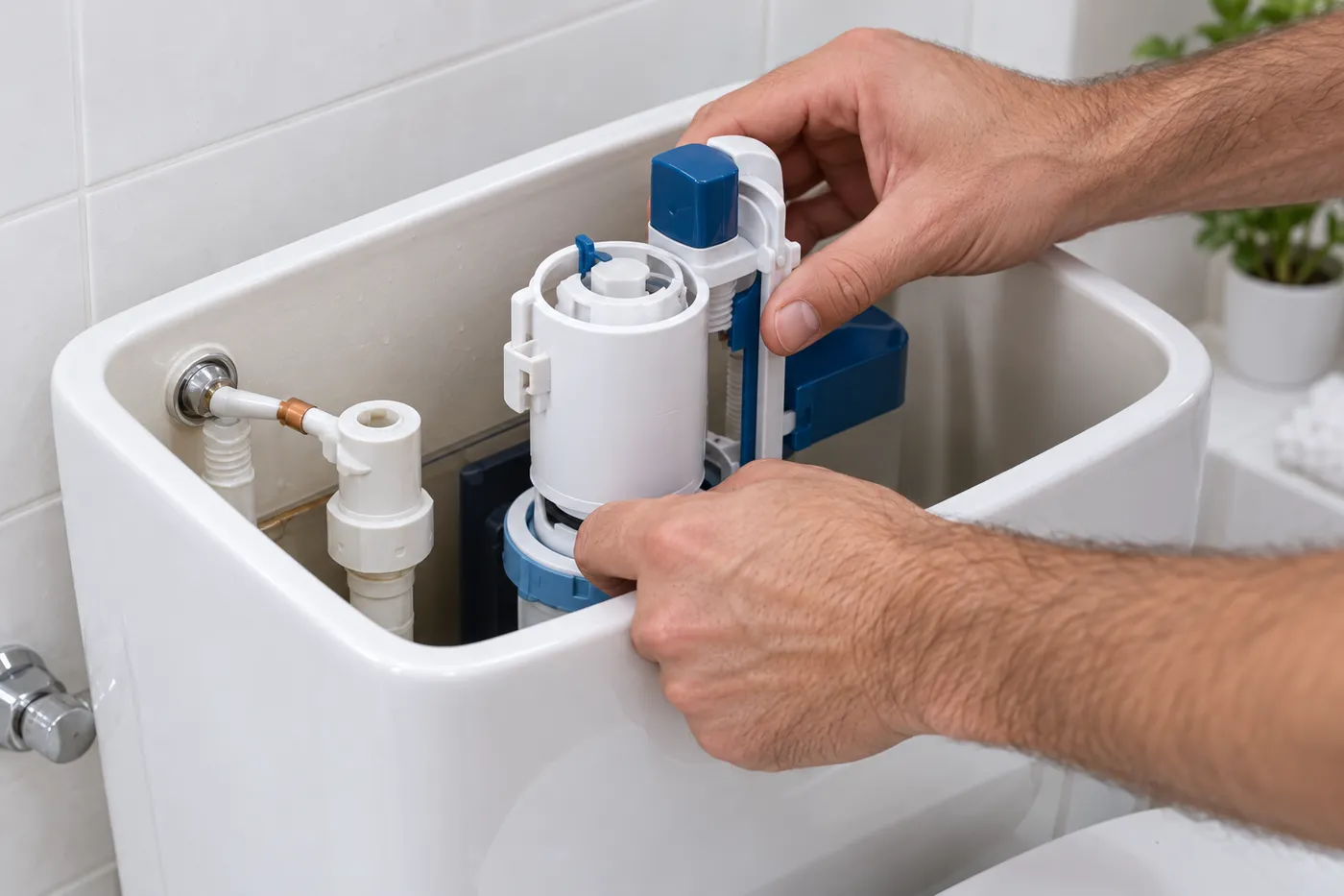 Pose d'un mécanisme de chasse d'eau neuf dans un réservoir de WC ouvert