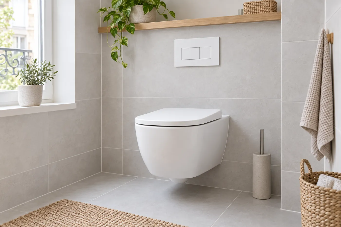 WC suspendu blanc et plaque de commande posés dans une salle d'eau aux carreaux gris clair